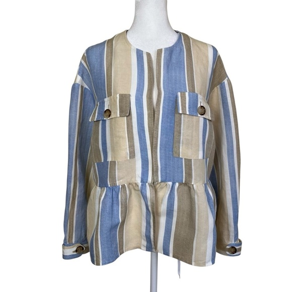 Zara Linen Blend Striped Open Front Blazer Jacket Peplum Hem Boho Spring Sz S - Picture 3 of 16